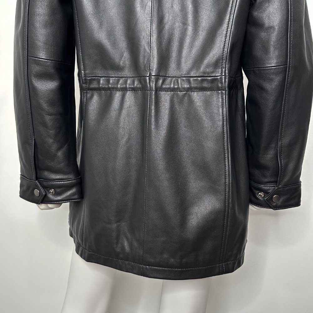 Genuine Lamb Leather Longline Coat Jacket w/ Remove-able Faux Fur Trim Hood - Picture 15 of 16